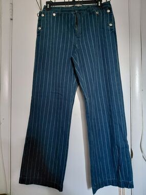 Wide Leg Pinstripe Jeans - Navy Blue Size 10
